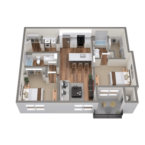 Floor plan for 2 beds, 2 baths, 947 sqft